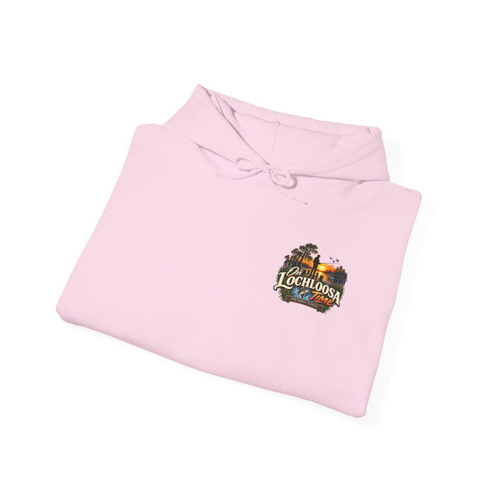 On Lochloosa Time hoodie, folded flat lay front view with small chest logo, in Light Pink