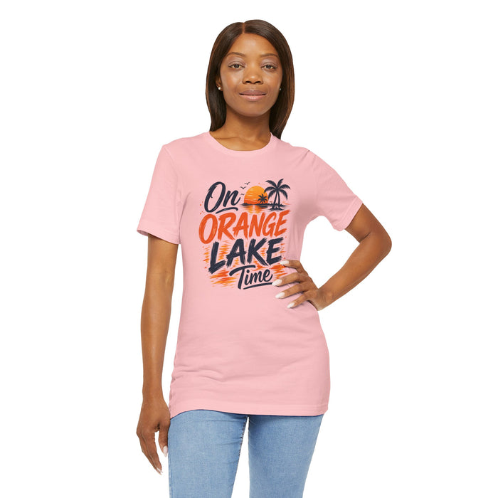 On Orange Lake Time T‑Shirt — Retro Sunset Palm Lake Shirt