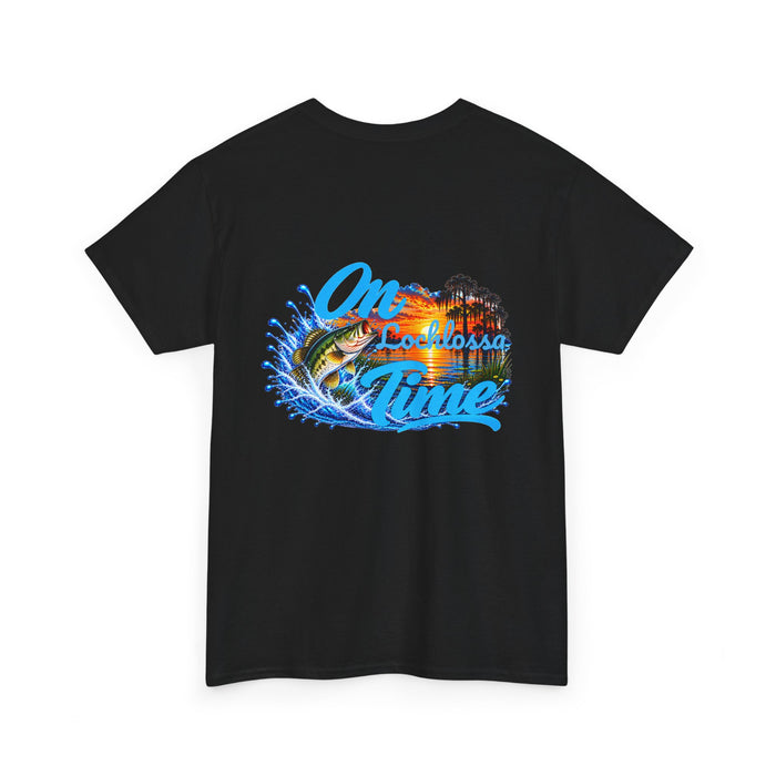 T-Shirt — “On [Your Lake] Time” Personalized Sunset Bass ( Back Design)