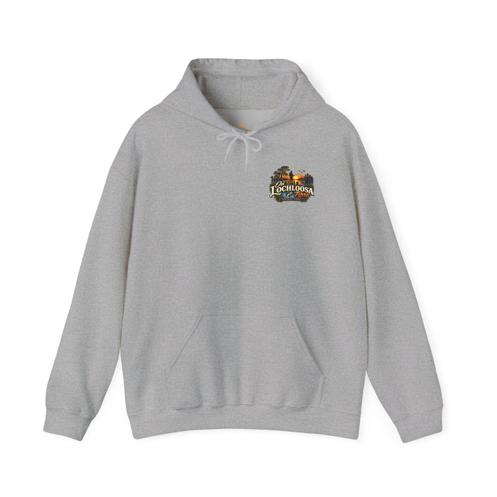 On Lochloosa Time hoodie, front view with small chest logo, in Sport Grey