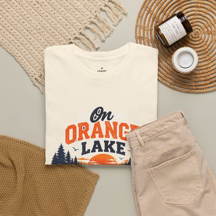 Lake T-Shirt — "On Orange Lake Time" Retro Sunset Fishing Tee
