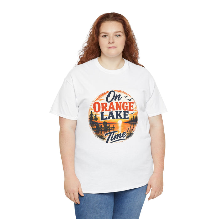 Lake T-Shirt — "On Orange Lake Time" Retro Sunset Tee