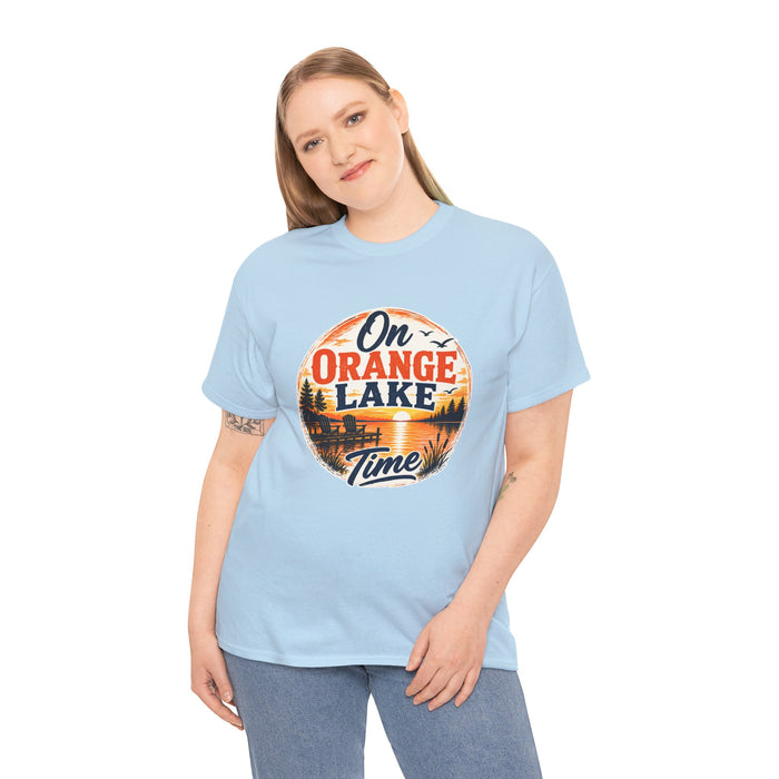 Lake T-Shirt — "On Orange Lake Time" Retro Sunset Tee