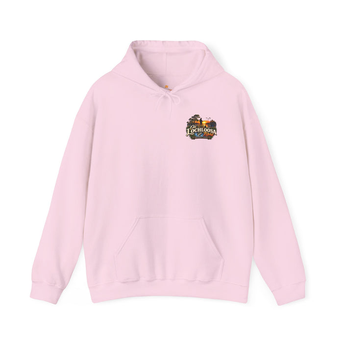 On Lochloosa Time hoodie, front view with small chest logo, in Light Pink