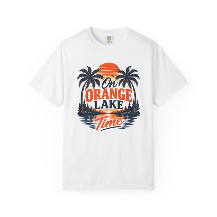 Lake Sunset T-Shirt — "On Orange Lake Time" Palm Tree Retro Tee