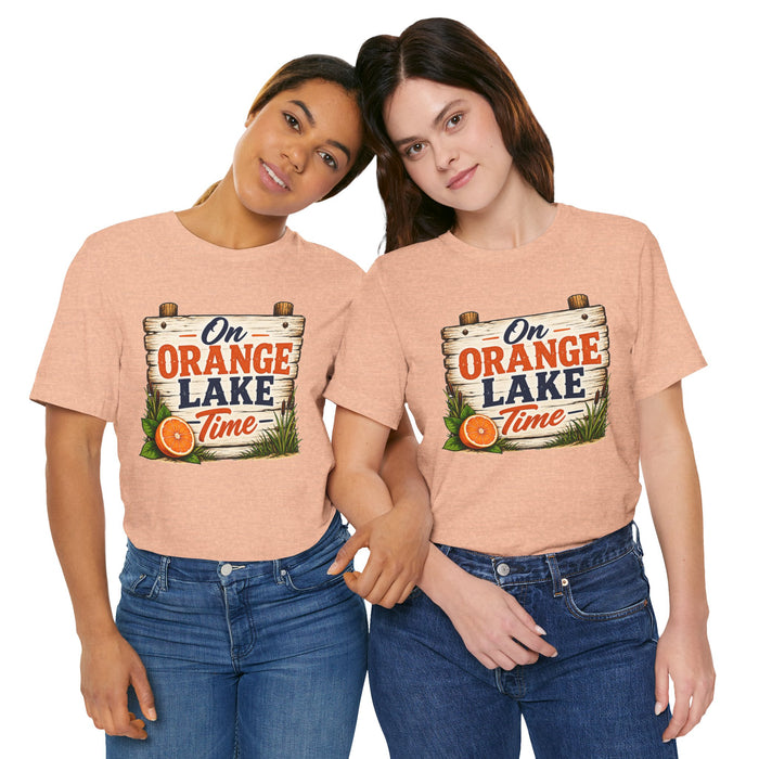 On Orange Lake Time T‑Shirt — Vintage Lakeside Orange Slice Tee