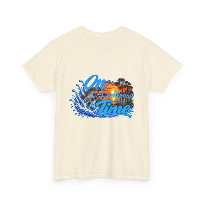 Cotton T-Shirt — “On [Your Lake] Time” Personalized Sunset Bluegill (Back Design)