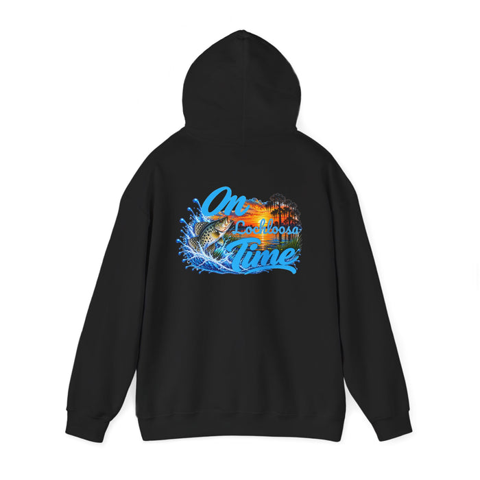 Hoodie — "On [Your Lake] Time" Personalized Sunset Crappie (Back Design)