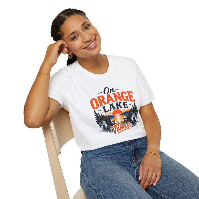 On Orange Lake T-Shirt — Retro Sunset Lake Graphic Tee
