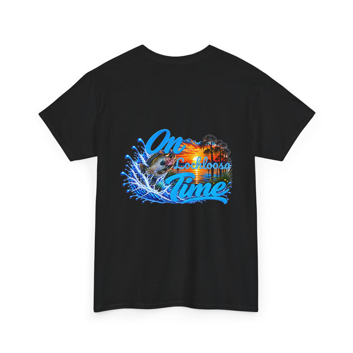 Cotton T-Shirt — “On [Your Lake] Time” Personalized Sunset Bluegill (Back Design)