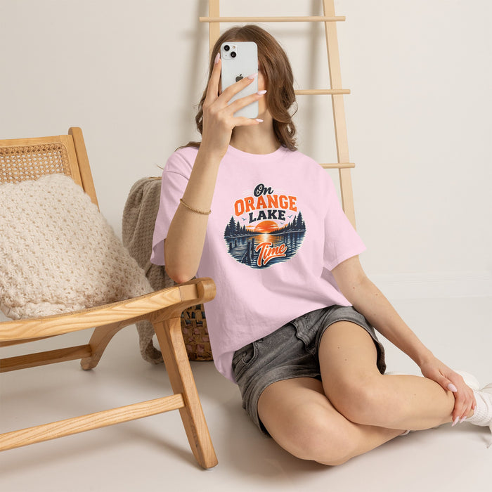 Lake T-Shirt — "On Orange Lake Time" Retro Sunset Fishing Tee