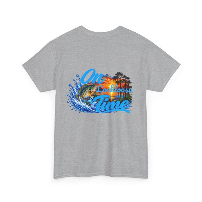 T-Shirt — "On [Your Lake] Time" Personalized Sunset Shell Cracker (Back Design)
