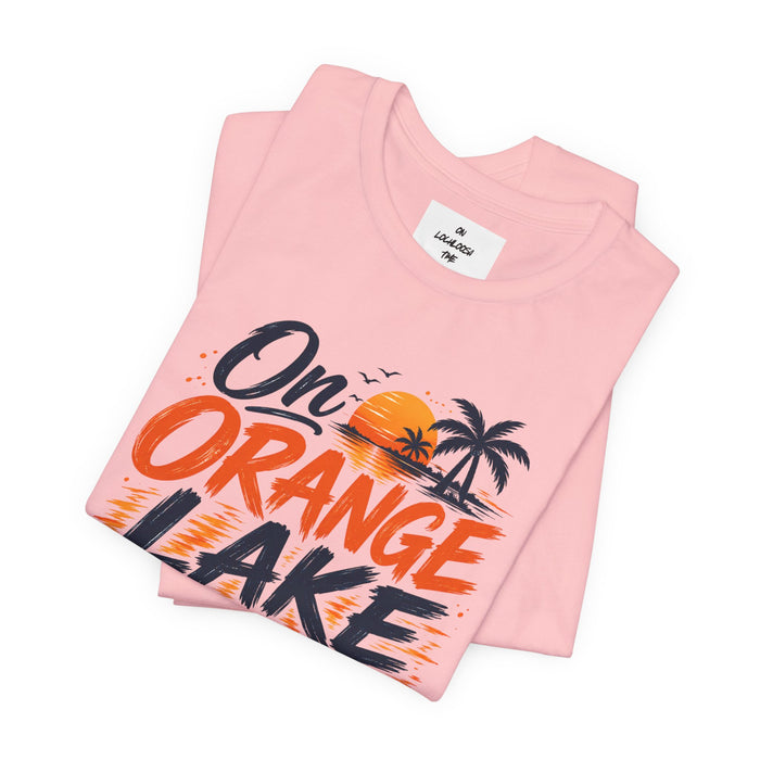 On Orange Lake Time T‑Shirt — Retro Sunset Palm Lake Shirt