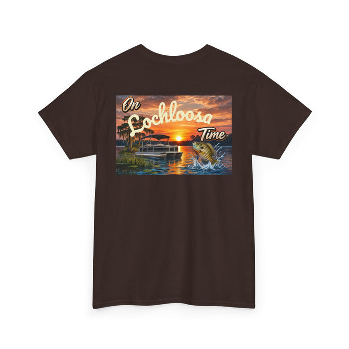 Personalized Sunset Tee — "On [Your Lake] Time" (Shell Cracker)