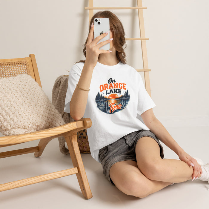 Lake T-Shirt — "On Orange Lake Time" Retro Sunset Fishing Tee