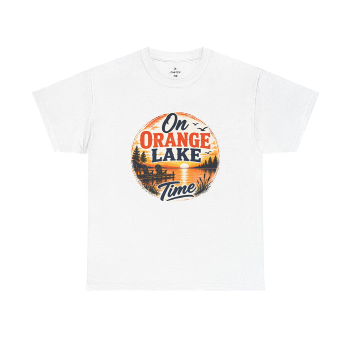 Lake T-Shirt — "On Orange Lake Time" Retro Sunset Tee