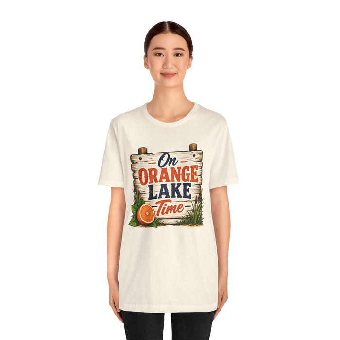 On Orange Lake Time T‑Shirt — Vintage Lakeside Orange Slice Tee