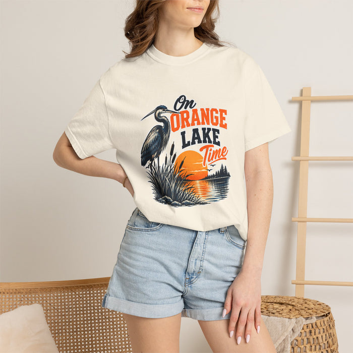 On Orange Lake Time T-Shirt — Vintage Heron Sunset Lake Tee