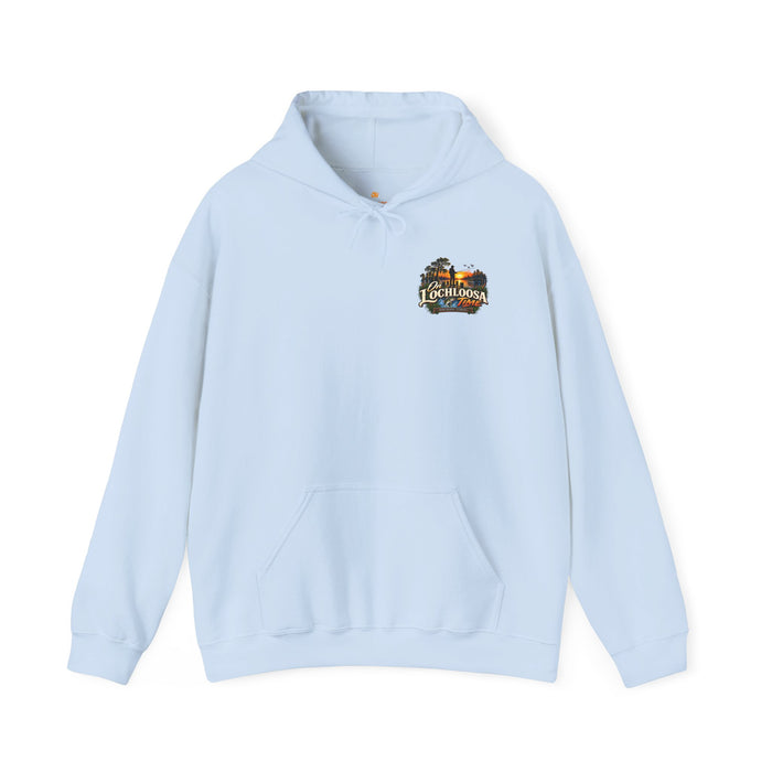 On Lochloosa Time hoodie, front view with small chest logo, in Light Blue