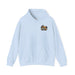 On Lochloosa Time hoodie, front view with small chest logo, in Light Blue