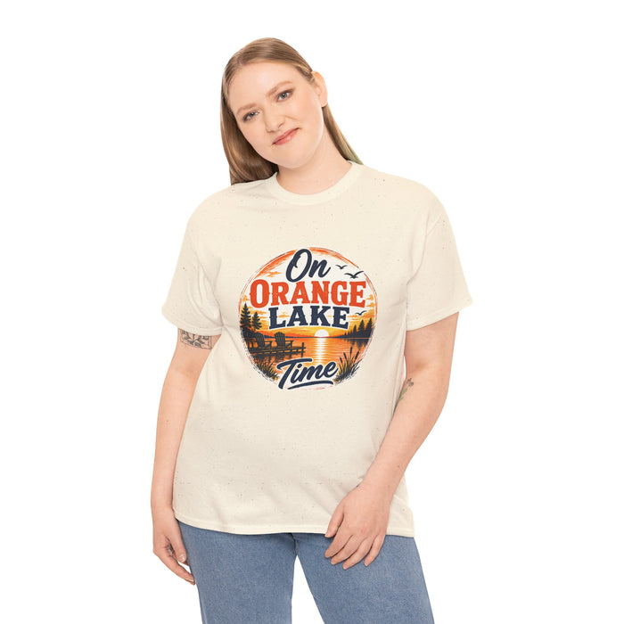 Lake T-Shirt — "On Orange Lake Time" Retro Sunset Tee