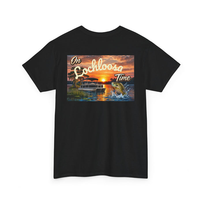 Personalized Sunset Tee — "On [Your Lake] Time" (Shell Cracker)