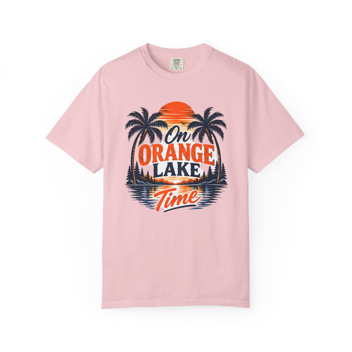 Lake Sunset T-Shirt — "On Orange Lake Time" Palm Tree Retro Tee