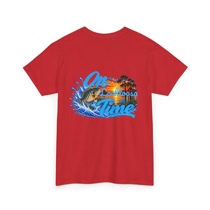 T-Shirt — "On [Your Lake] Time" Personalized Sunset Shell Cracker (Back Design)