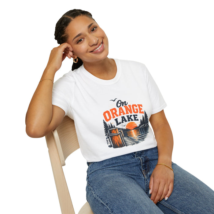 On Orange Lake T-Shirt — Retro Sunset Cabin Lake Shirt for Campers & Nature Lovers