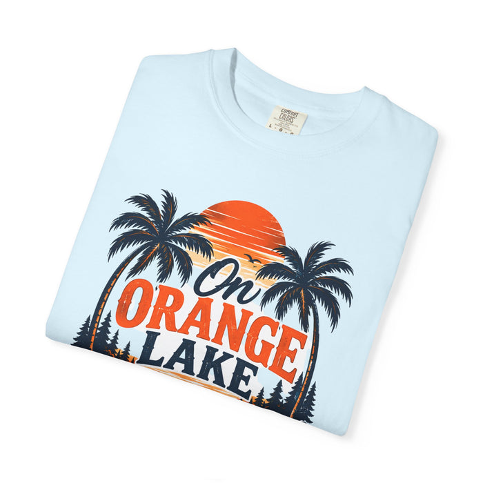 Lake Sunset T-Shirt — "On Orange Lake Time" Palm Tree Retro Tee