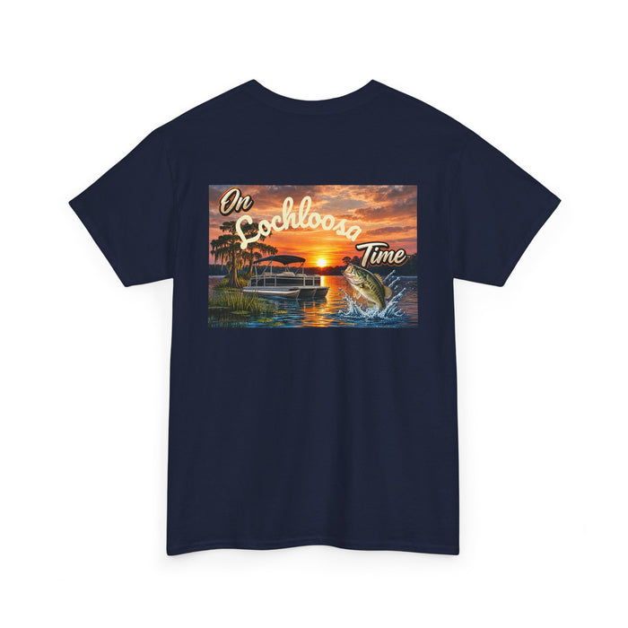 Personalized Sunset Tee — "On [Your Lake] Time" (Bass)