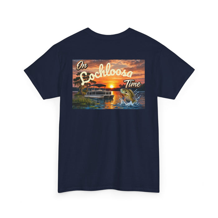 Personalized Sunset Tee — "On [Your Lake] Time" (Shell Cracker)