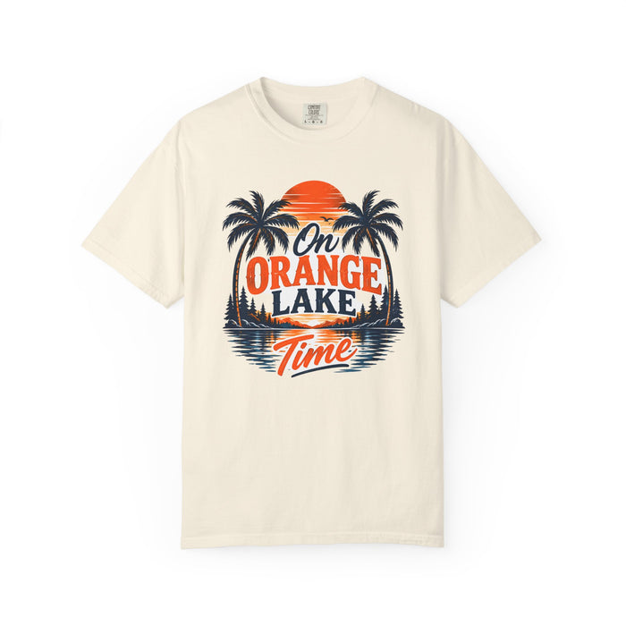 Lake Sunset T-Shirt — "On Orange Lake Time" Palm Tree Retro Tee