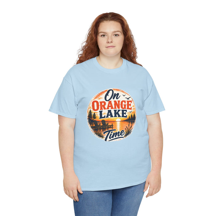 Lake T-Shirt — "On Orange Lake Time" Retro Sunset Tee