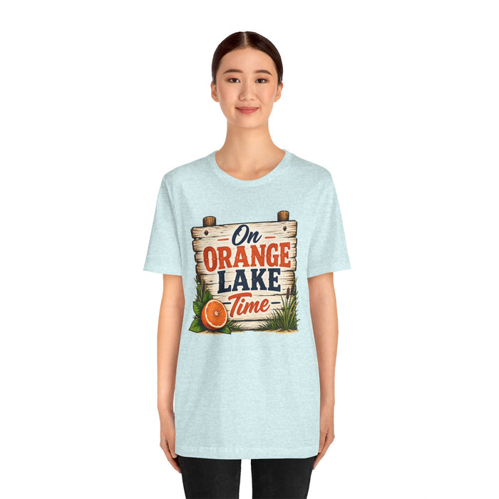 On Orange Lake Time T‑Shirt — Vintage Lakeside Orange Slice Tee