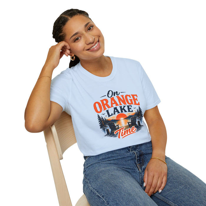 On Orange Lake T-Shirt — Retro Sunset Lake Graphic Tee