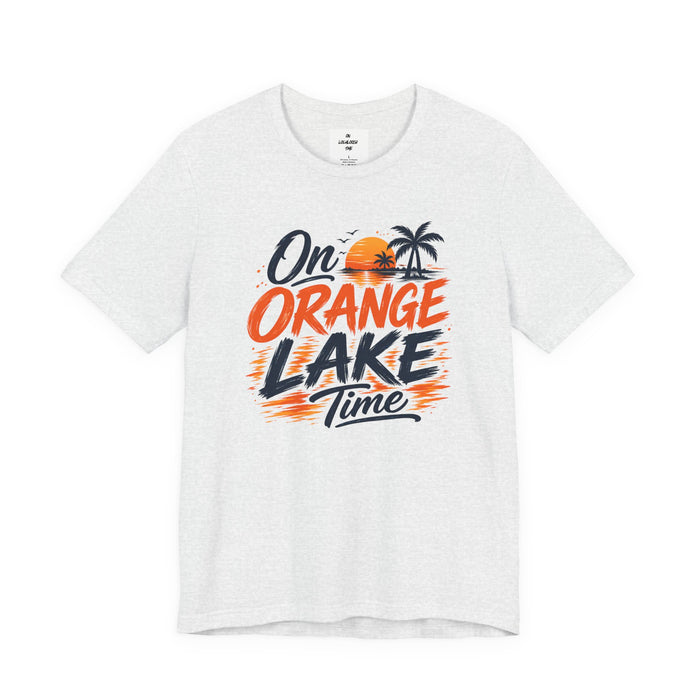 On Orange Lake Time T‑Shirt — Retro Sunset Palm Lake Shirt