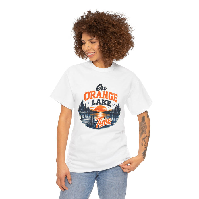 Lake T-Shirt — "On Orange Lake Time" Retro Sunset Fishing Tee