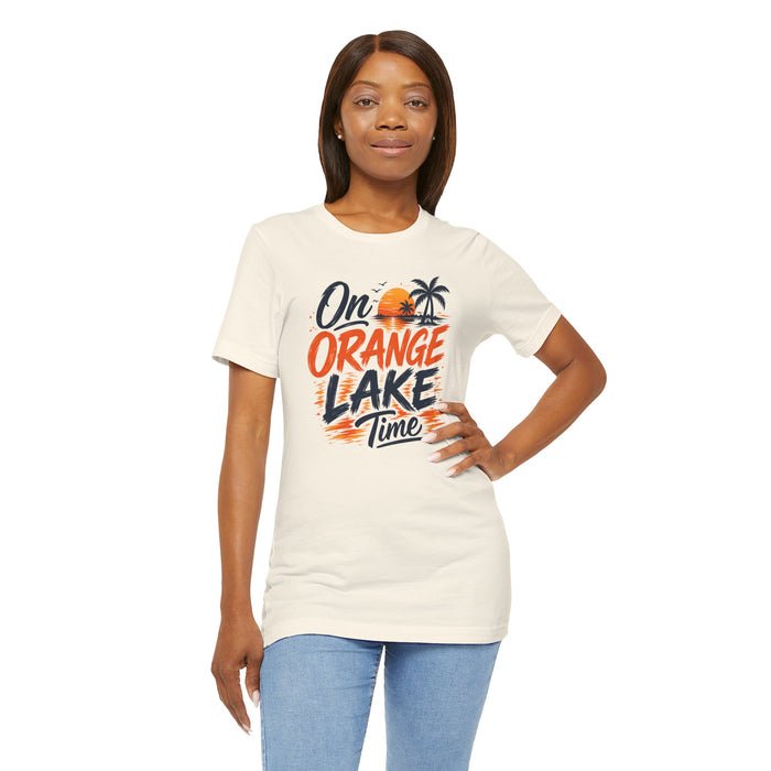 On Orange Lake Time T‑Shirt — Retro Sunset Palm Lake Shirt
