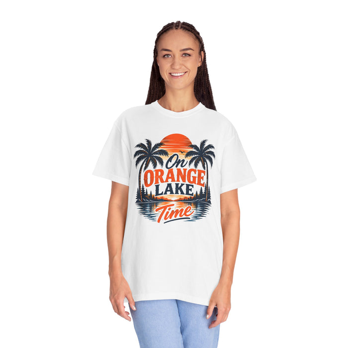 Lake Sunset T-Shirt — "On Orange Lake Time" Palm Tree Retro Tee