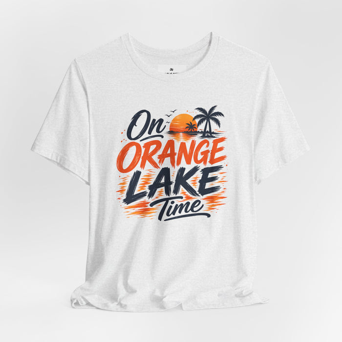 On Orange Lake Time T‑Shirt — Retro Sunset Palm Lake Shirt
