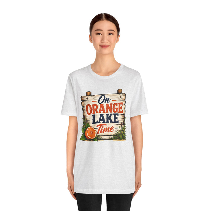 On Orange Lake Time T‑Shirt — Vintage Lakeside Orange Slice Tee