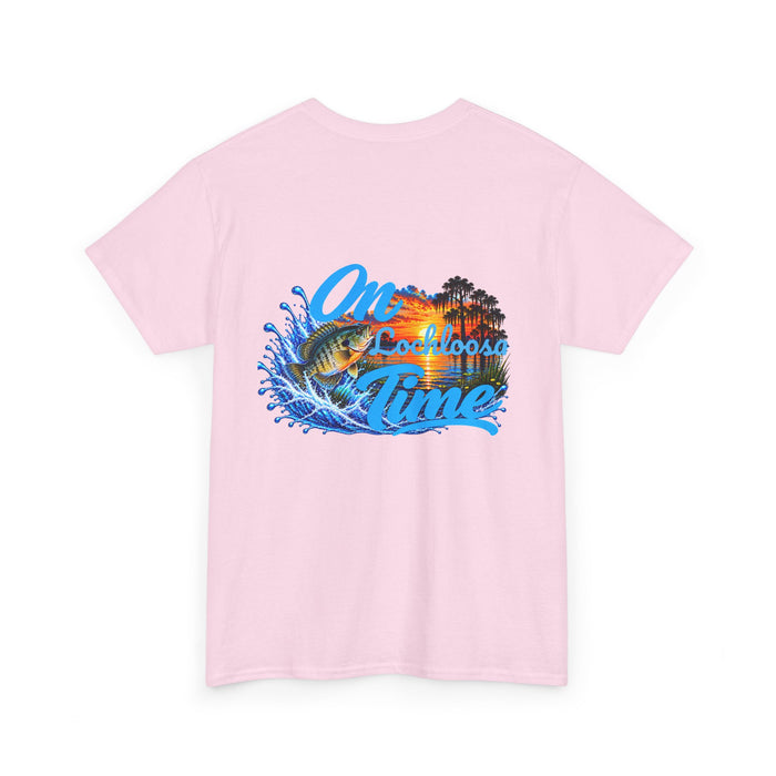 T-Shirt — "On [Your Lake] Time" Personalized Sunset Shell Cracker (Back Design)