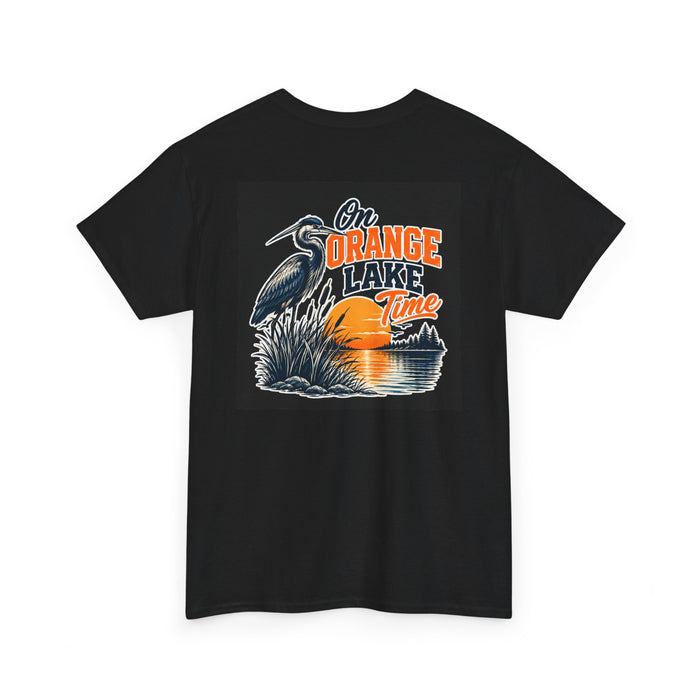 Lake Sunset T-Shirt — "On Orange Lake Time" Heron Graphic Tee