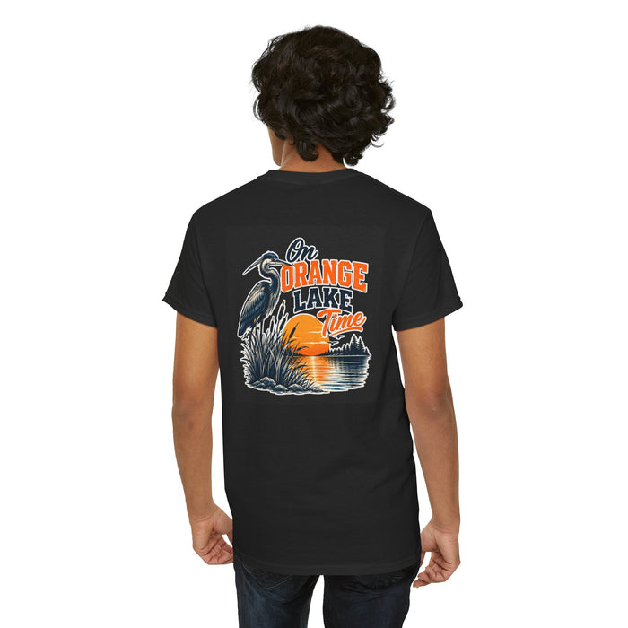 Lake Sunset T-Shirt — "On Orange Lake Time" Heron Graphic Tee