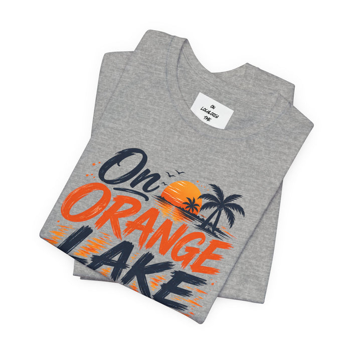 On Orange Lake Time T‑Shirt — Retro Sunset Palm Lake Shirt