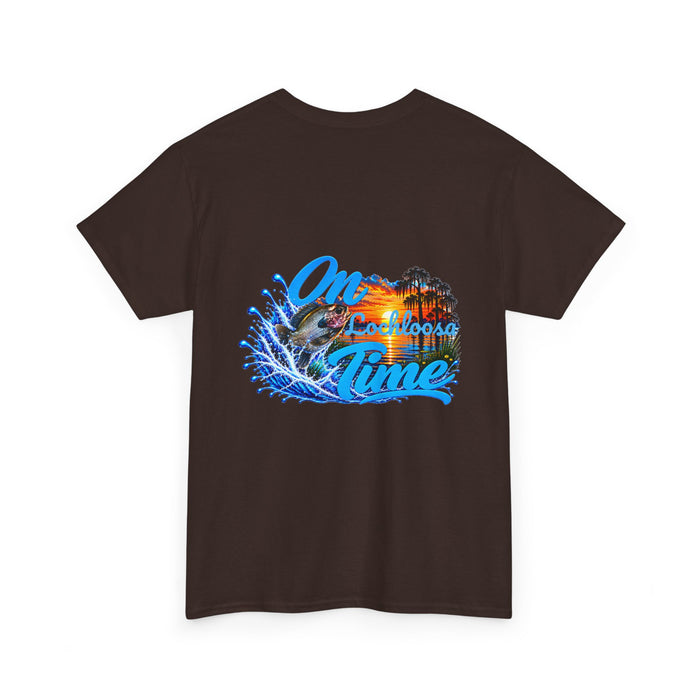 Cotton T-Shirt — “On [Your Lake] Time” Personalized Sunset Bluegill (Back Design)
