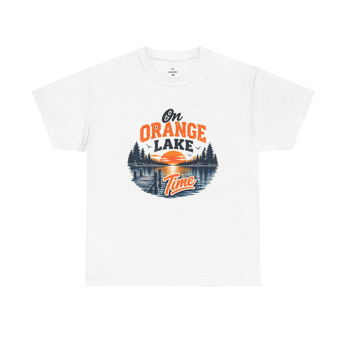 Lake T-Shirt — "On Orange Lake Time" Retro Sunset Fishing Tee