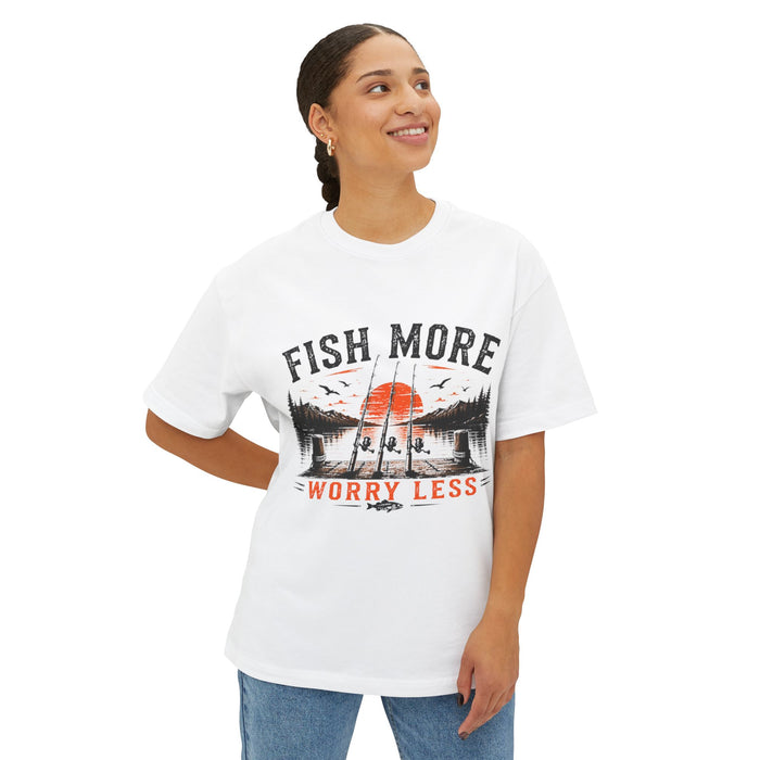 Fishing Graphic Tee — "Fish More Worry Less" Outdoorsy Casual Shirt