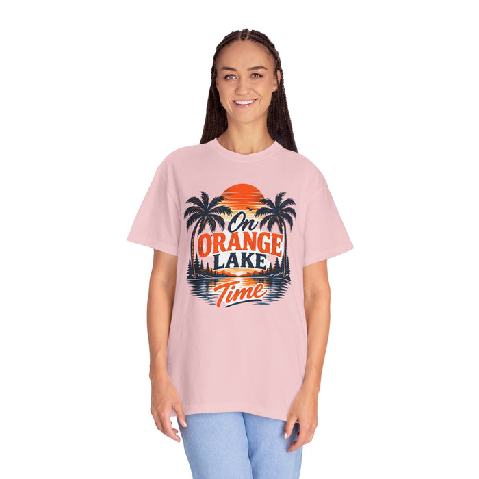 Lake Sunset T-Shirt — "On Orange Lake Time" Palm Tree Retro Tee